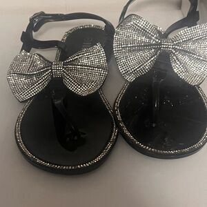 Rouge! Black and Silver Sandals with Crystal Bow